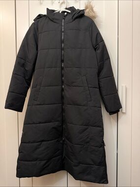 Noize Black Long Puffer Coat with Hood and Faux-Fur Trim